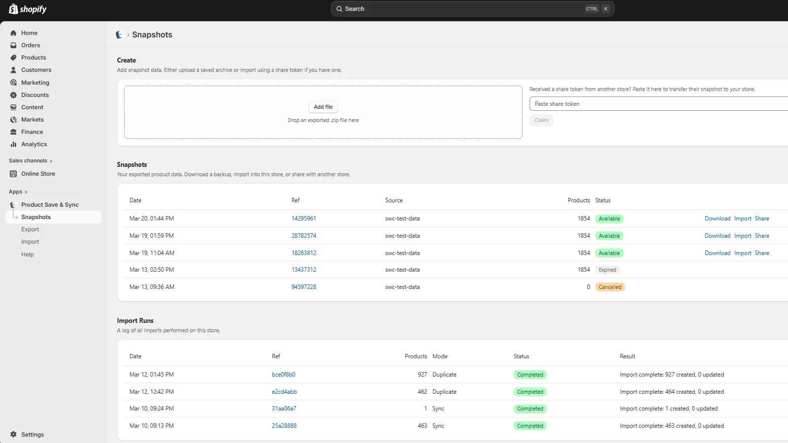 Product Save & Sync snapshots page showing a history of exports with available and expired states, alongside an import runs log with completed Duplicate and Sync operations.