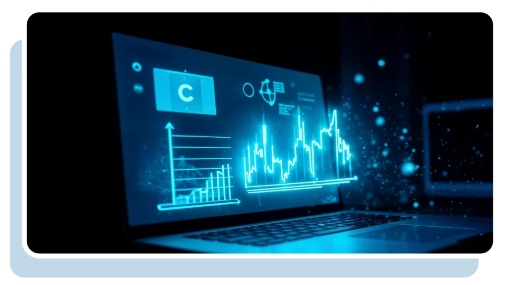 Laptop projecting glowing line and bar charts