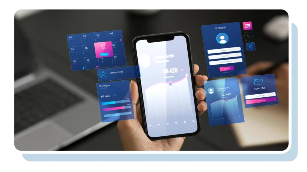 Hand holding a smartphone with floating mobile app UI panels